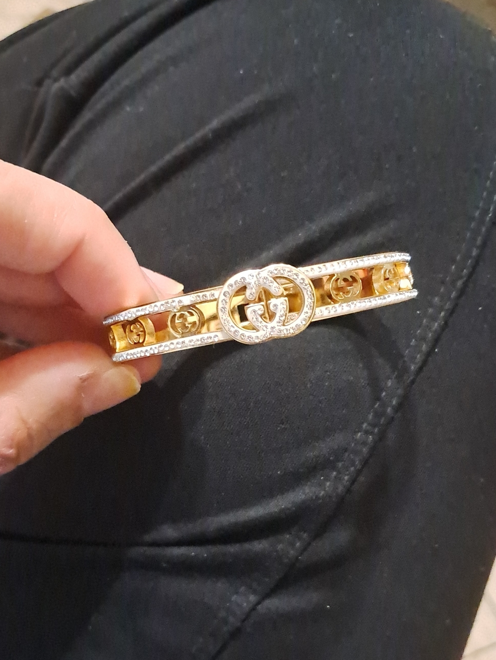 Gold and Silver Crystal Interlocking G Hinged Bangle